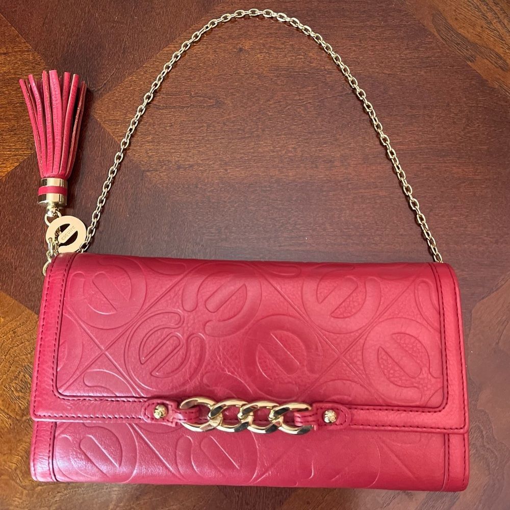 Esquire red leather clutch/wallet/wristlet, gold tone chain, tassel,snap closure